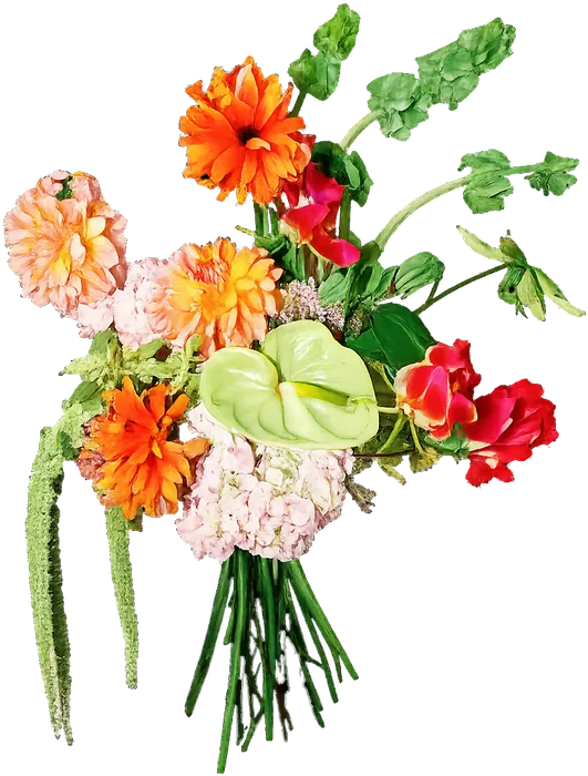 Bouquet of orange dahlias, pale hydrangea and a green anthurium